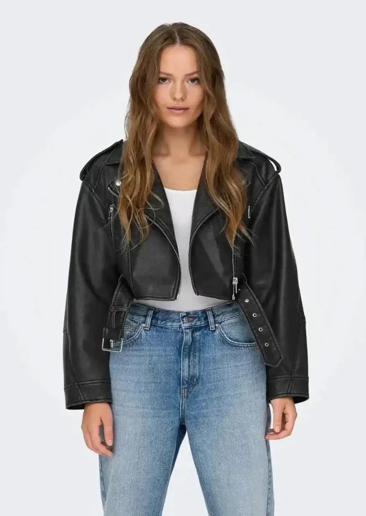 WOMEN’S CROPPED LEATHER JACKET – BLACK